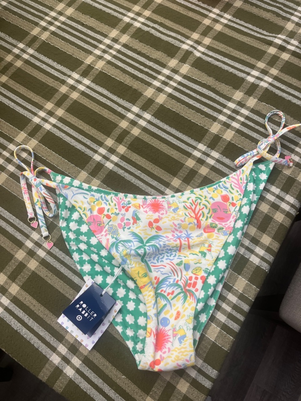 Roller Rabbit Multicolor Floral & Green Reversible Tie Side Bikini Bottom XL